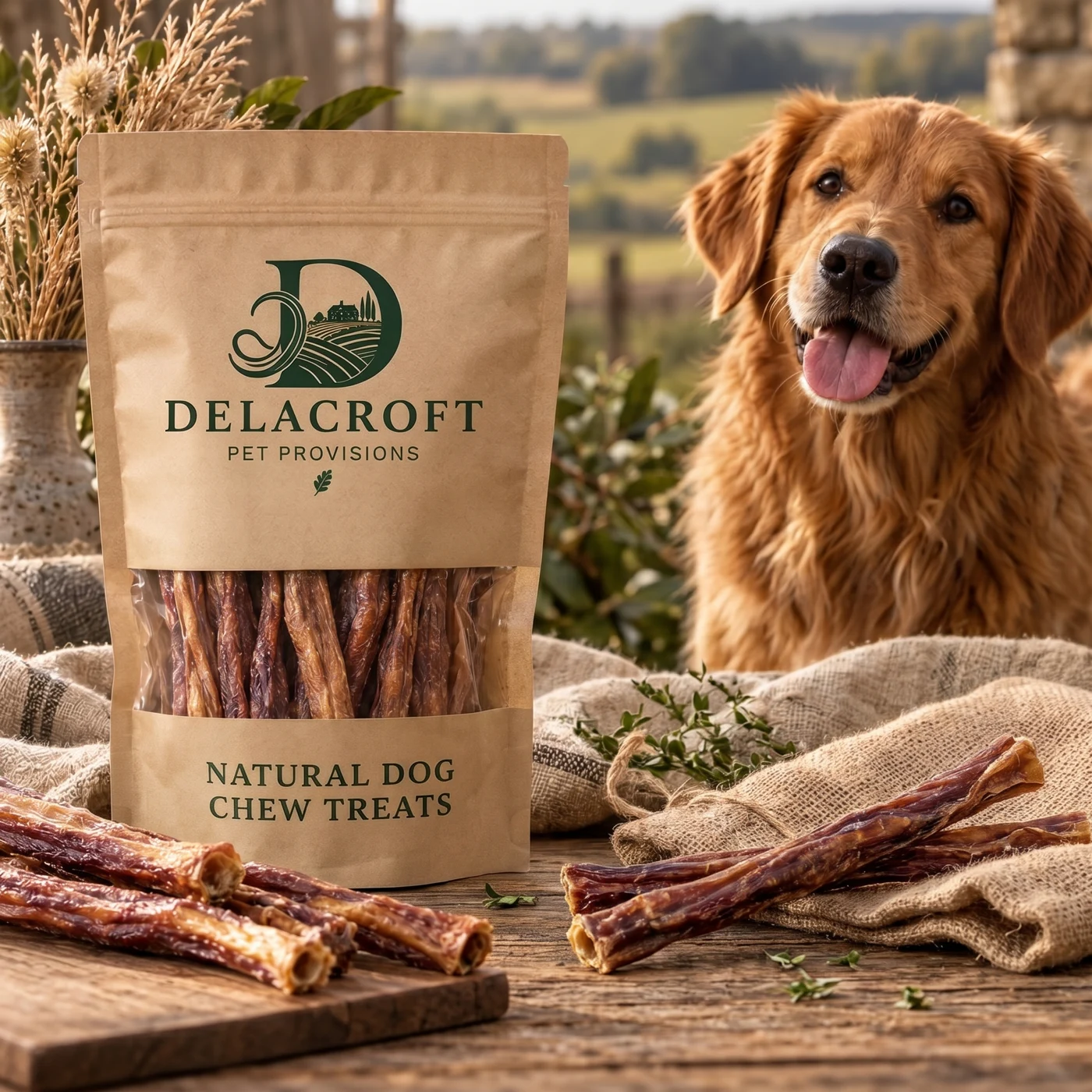 Delacroft natural chew packaging concept with a golden retriever