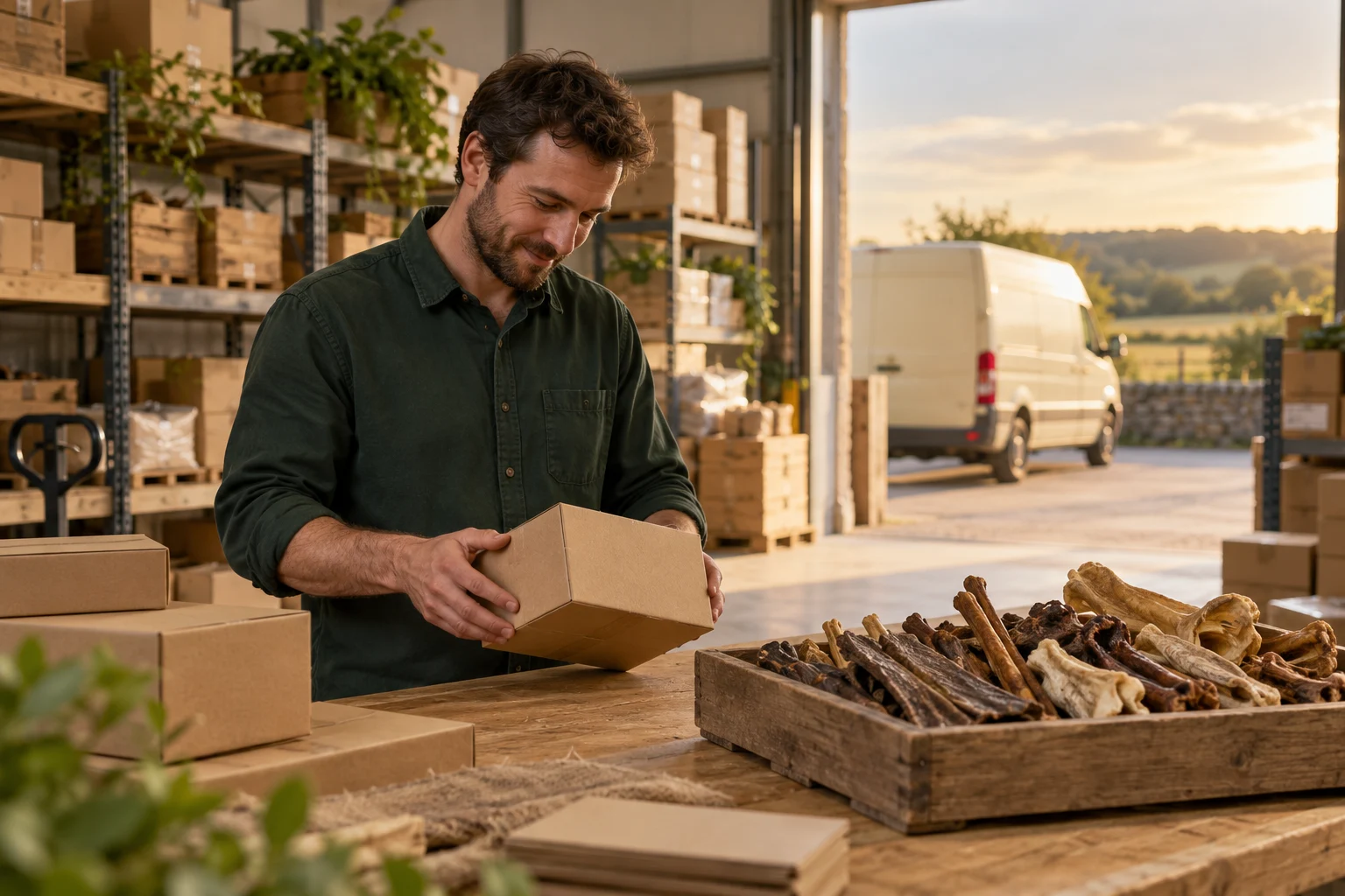 Illustrative scene of a person preparing cartons at a packing bench, with a delivery van outside
